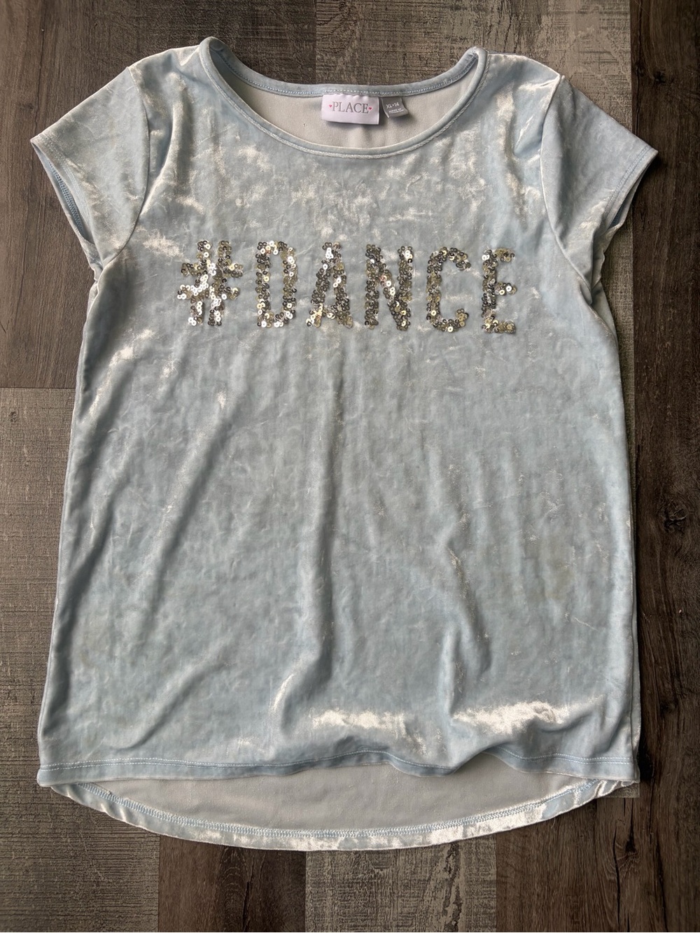 The Children's Place Light Blue Sequin "#DANCE" Velvet Tee SIZE 14/16